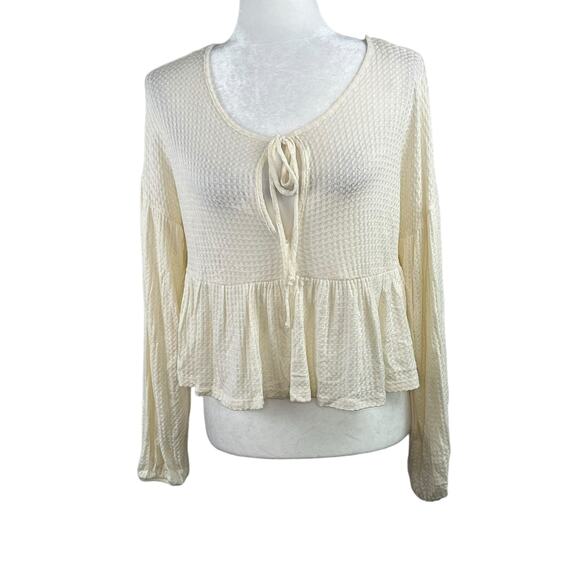 Lush Cream Waffle Knit Tie Front Peplum Babydoll Top Oversized Small/Medium NWT - Picture 2 of 13
